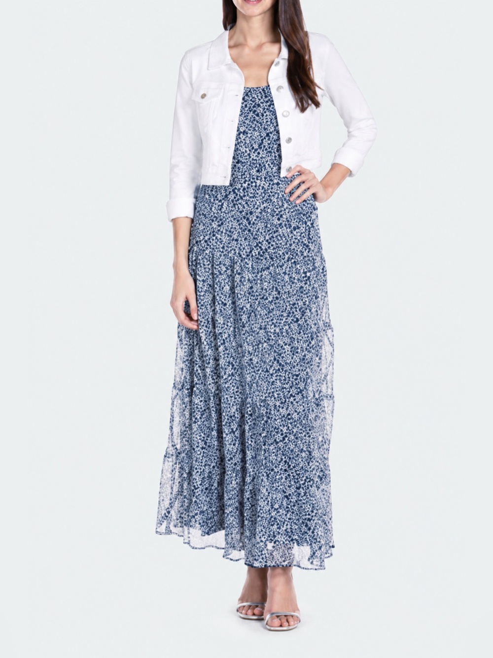 Nine West Blue and White Maxi Tiered Tank Dress